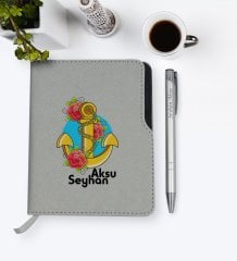 Kişiye Özel Çapa Tasarımlı Gri Termo Deri Defter Kalem Seti-4