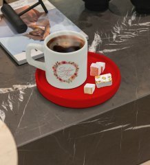Kişiye Özel Kırmızı Sunum Tabaklı Çiçek Tasarımlı Türk Kahvesi Fincanı Model 12