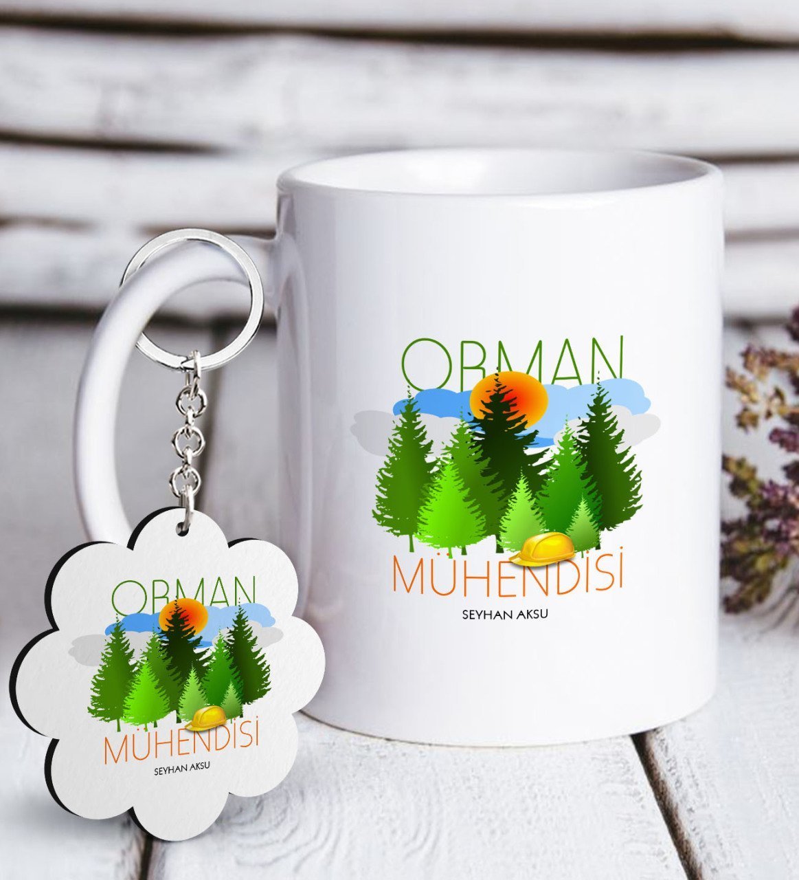 Kişiye Özel Mesleki Orman Mühendisi Beyaz Kupa ve Anahtarlık Hediye Seti