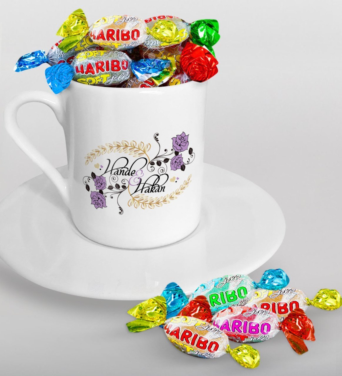 Kişiye Özel Sevgililer Günü Türk Kahvesi Fincanı ve Haribo Şeker Hediye Seti-124
