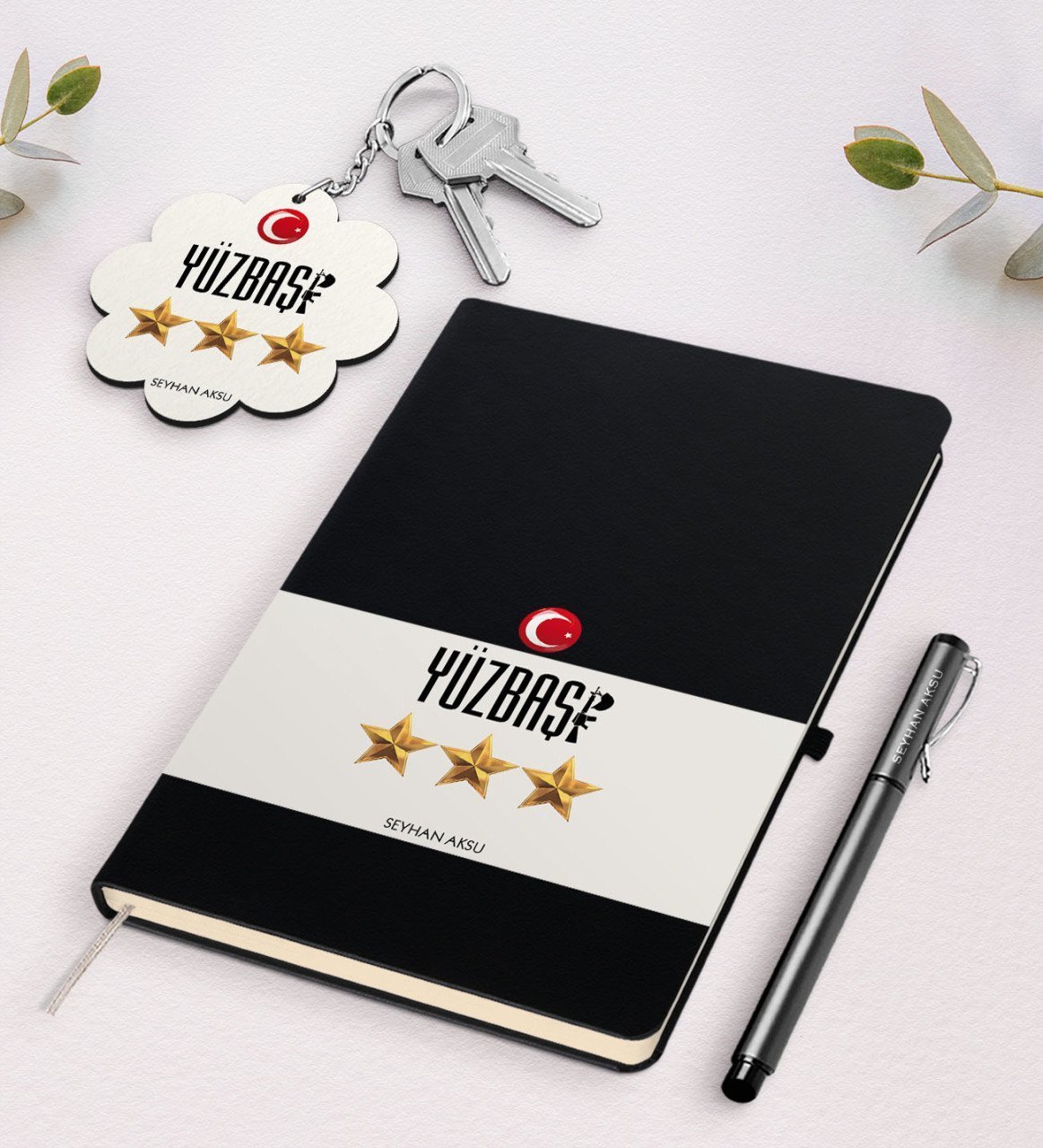 Kişiye Özel Yüzbaşı Siyah Defter Kalem Ve Anahtarlık Hediye Seti