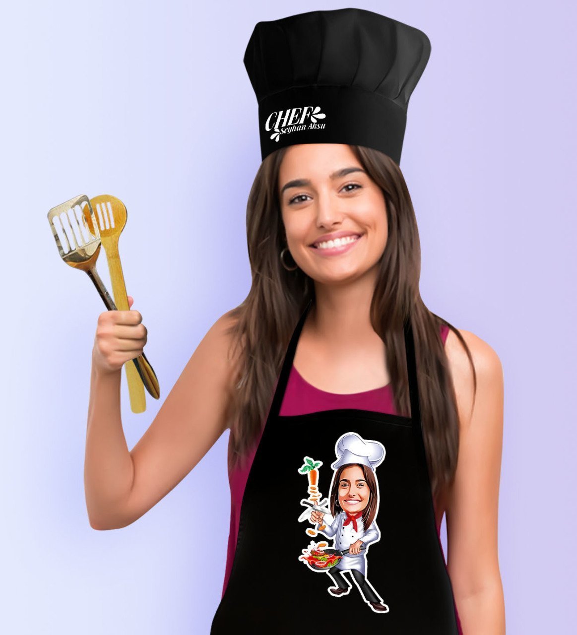 Kişiye Özel Bayan Chef Karikatürlü Siyah Mutfak Önlüğü Aşçı Şapkası Seti-4