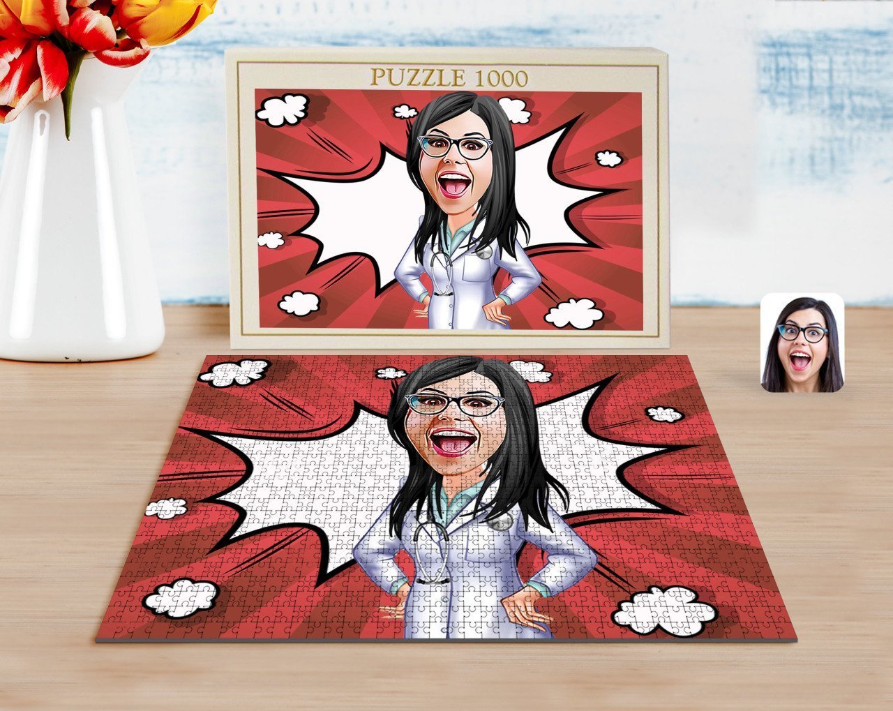 Kişiye Özel Kadın Doktor Karikatürlü 1000 Parça Profesyonel Puzzle-1