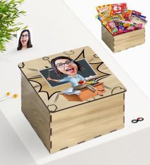 Kişiye Özel Ahşap Kutuda Bayan Öğretmen Karikatürlü Nostaljik Lezzetler Hediye Seti-2