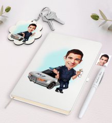 Kişiye Özel Erkek Trafik Polisi Karikatürlü Beyaz Defter Kalem ve Anahtarlık Hediye Seti-1