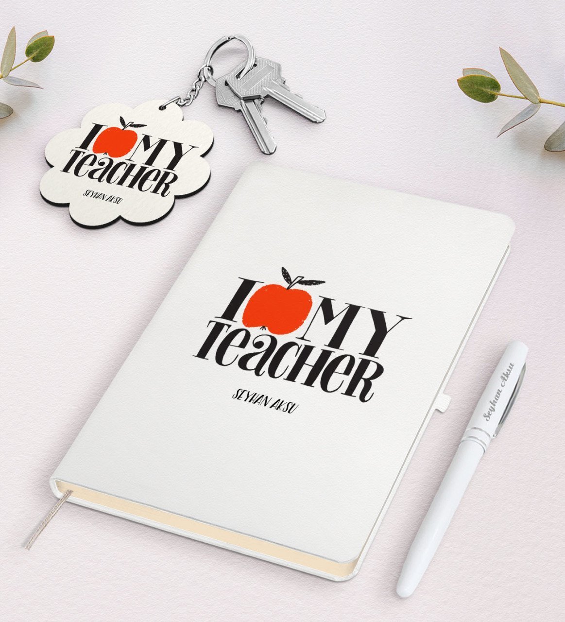 Kişiye Özel Öğretmenimi Seviyorum Beyaz Defter Kalem ve Anahtarlık Hediye Seti-2