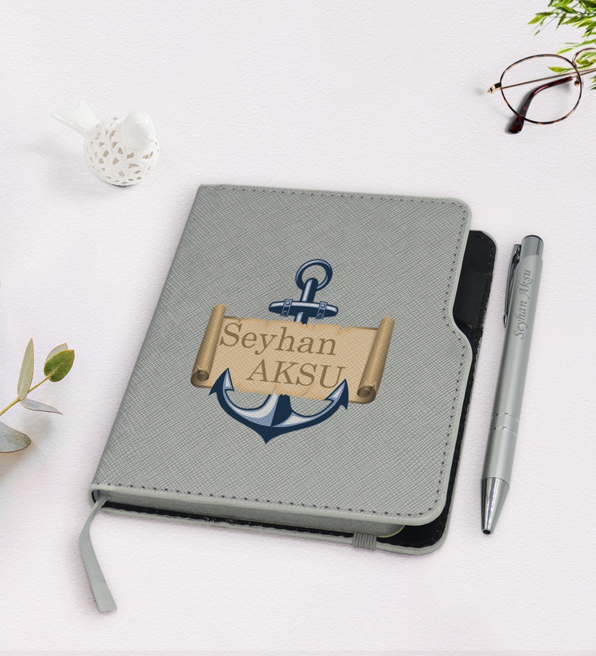 Kişiye Özel Çapa Tasarımlı Gri Termo Deri Defter Kalem Seti-3