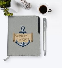 Kişiye Özel Çapa Tasarımlı Gri Termo Deri Defter Kalem Seti-3
