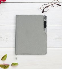 Kişiye Özel Çapa Tasarımlı Gri Termo Deri Defter Kalem Seti-3