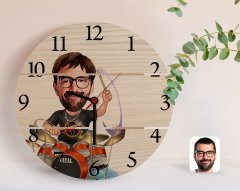 Kişiye Özel Erkek Baterist Karikatürlü Otantik Ahşap Palet Saat-1