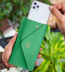 BK Gift Kişiye Özel İsimli Telefon ve Bozuk Para Bölmeli Zarf Model Yeşil Kadın Cüzdanı, Sevgiliye Hediye, Anneye Hediye