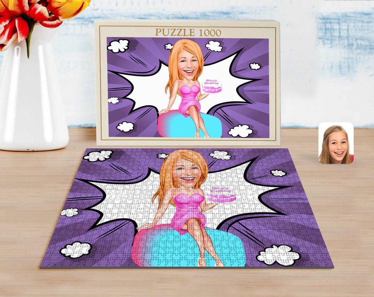 Kişiye Özel Kadın Doğum Günü Karikatürlü 1000 Parça Profesyonel Puzzle-2