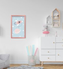 BK Home Uzay Aracı Tasarımlı Dekoratif Pembe Ahşap Çerçeveli Çocuk Odası Tablo-1