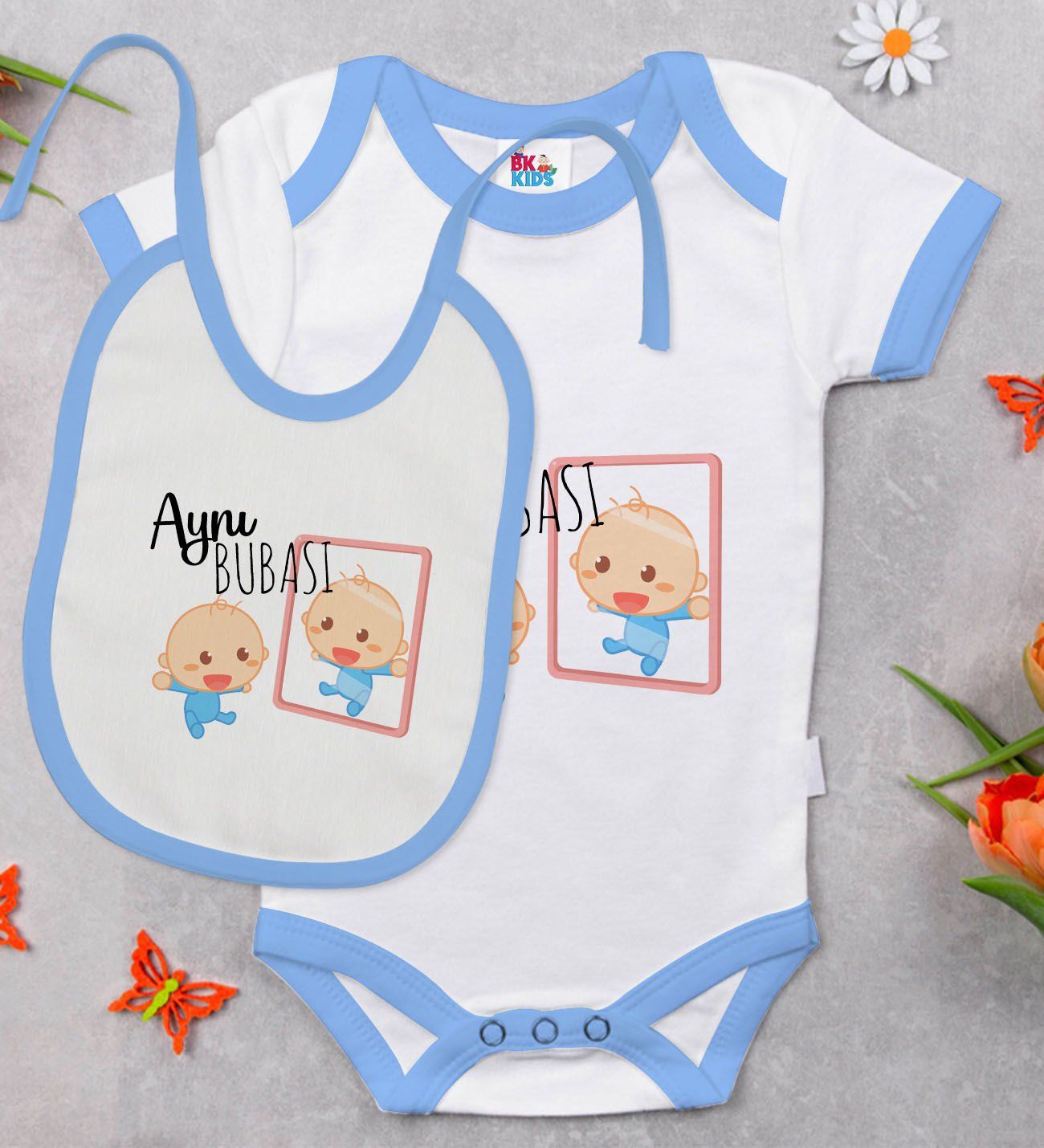 BK Kids Aynı Bubası Tasarımlı Mavi Bebek Body Zıbın ve Mama Önlüğü Hediye Seti-1