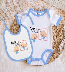 BK Kids Aynı Bubası Tasarımlı Mavi Bebek Body Zıbın ve Mama Önlüğü Hediye Seti-1