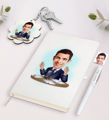 Kişiye Özel Erkek Spiker Sunucu Karikatürlü Beyaz Defter Kalem ve Anahtarlık Hediye Seti
