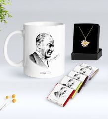 Kişiye Özel Atatürk Temalı Beyaz Kupa Çikolata ve İsimli Papatya Kolye Hediye Seti-10