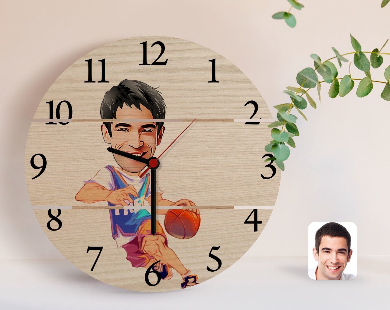 Kişiye Özel Erkek Basketbolcu Karikatürlü Otantik Ahşap Palet Saat-2