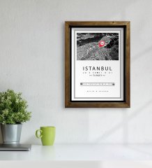 Kişiye Özel Siyah Beyaz İstanbul Haritası Tasarımlı Doğal Masif Ahşap Çerçeveli Tablo 30x40cm-1