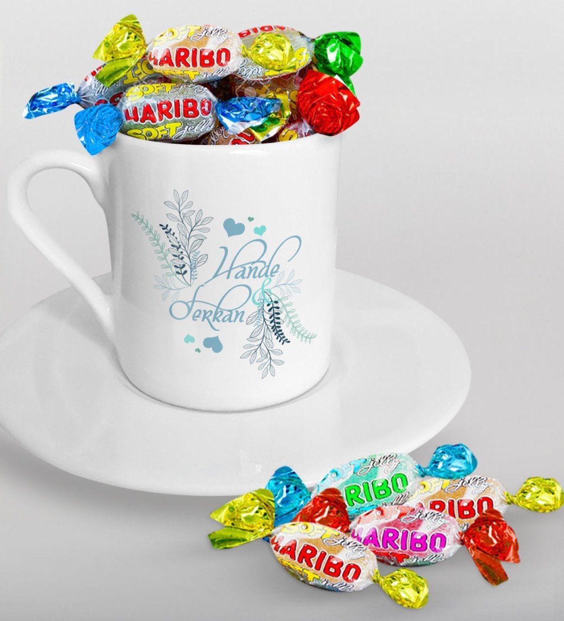 Kişiye Özel Sevgililer Günü Türk Kahvesi Fincanı ve Haribo Şeker Hediye Seti-122