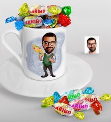 Kişiye Özel Bay Ressam Karikatürlü Türk Kahvesi Fincanı ve Haribo Şeker Hediye Seti-1