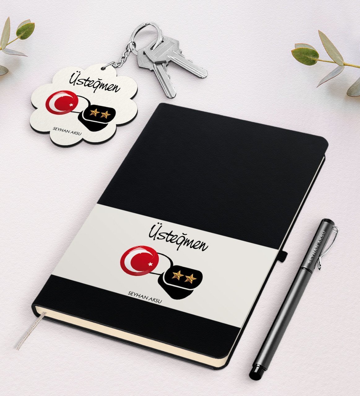 Kişiye Özel Üsteğmen Siyah Defter Kalem Ve Anahtarlık Hediye Seti