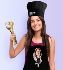 Kişiye Özel Bayan Chef Karikatürlü Siyah Mutfak Önlüğü Aşçı Şapkası Seti-2