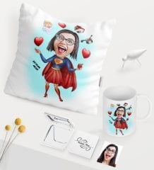Kişiye Özel Süper Anne Karikatürlü Beyaz Kupa Ayna Yastık Seti
