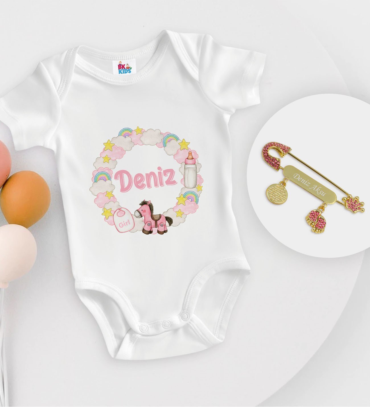BK Kids Kişiye Özel İsimli Beyaz Bebek Body Zıbın ve Kız Bebek İğnesi Hediye Seti-24