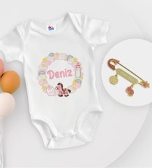 BK Kids Kişiye Özel İsimli Beyaz Bebek Body Zıbın ve Kız Bebek İğnesi Hediye Seti-24