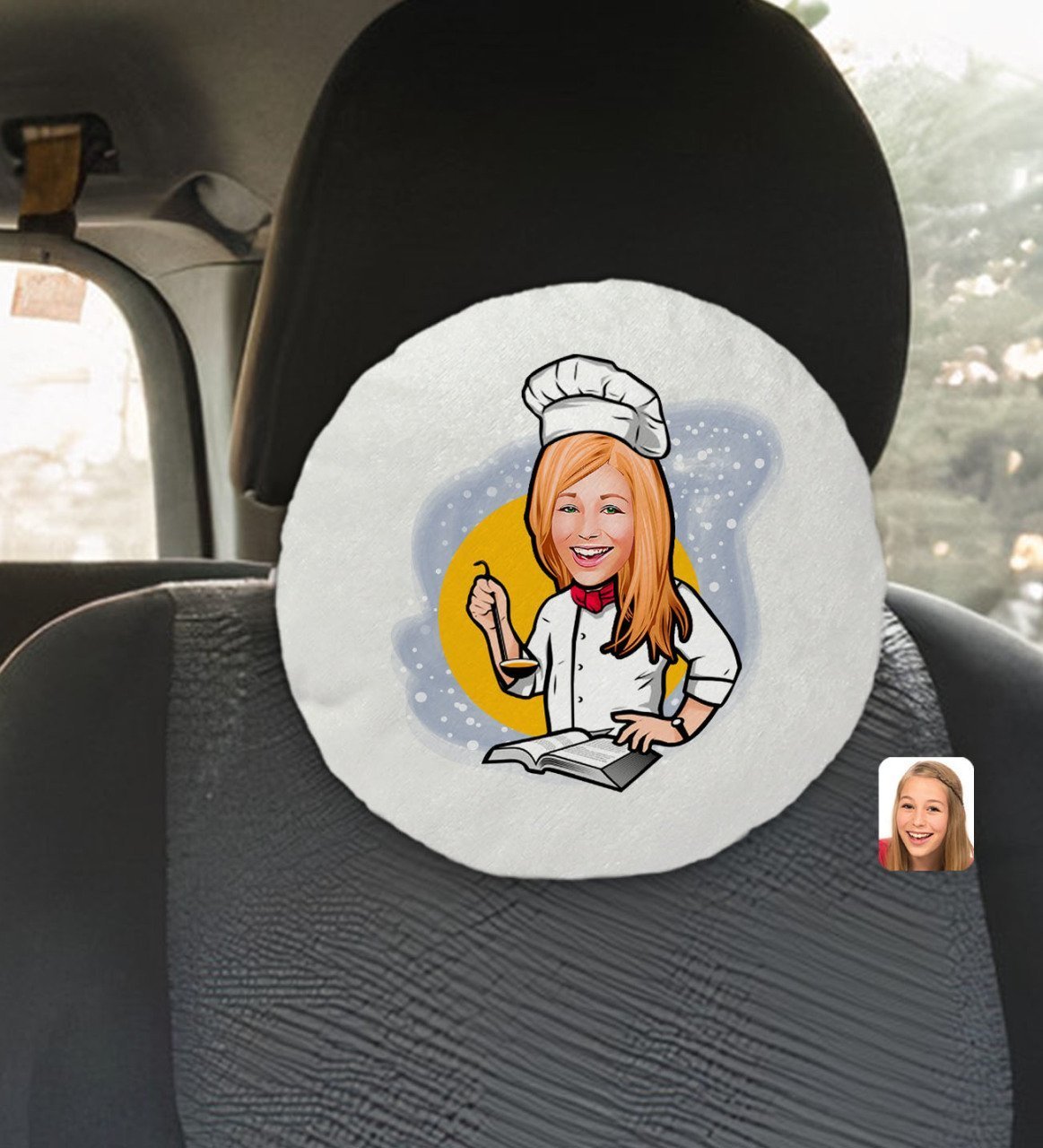 Kişiye Özel Kadın Chef Karikatürlü Yuvarlak Araç Koltuk Yastığı-12