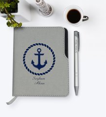 Kişiye Özel Çapa Tasarımlı Gri Termo Deri Defter Kalem Seti-1
