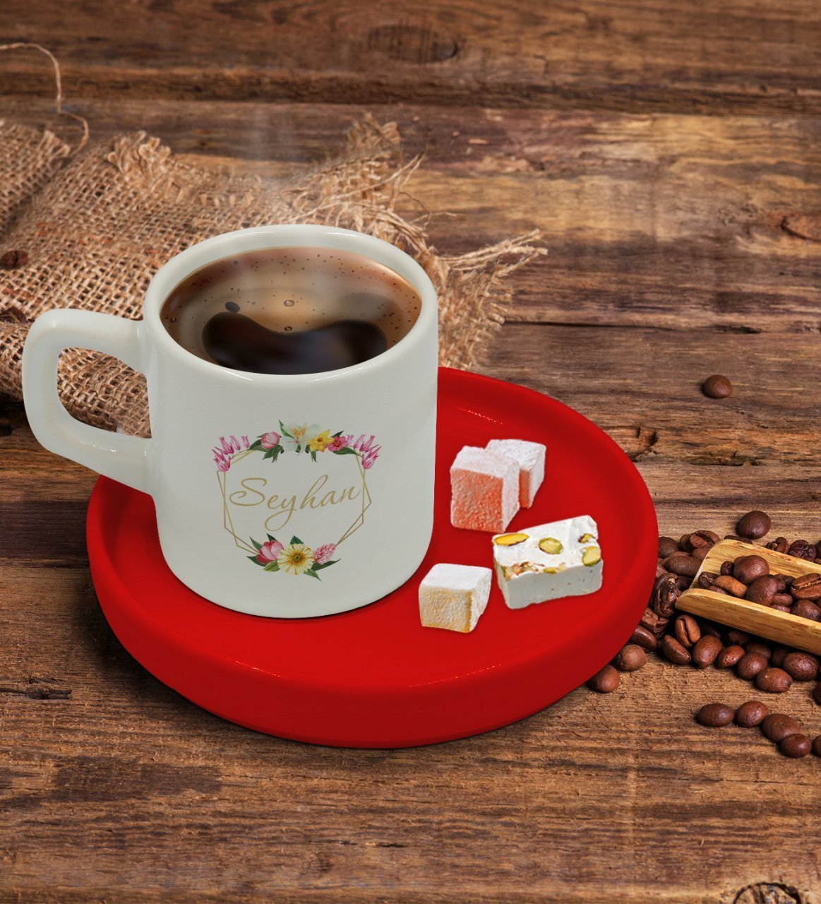 Kişiye Özel Kırmızı Sunum Tabaklı Çiçek Tasarımlı Türk Kahvesi Fincanı Model 9