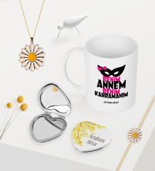 Kişiye Özel Annem Kahramanım Kupa Kalp Ayna Papatya Kolye Bileklik Seti