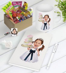 Kişiye Özel Kız Çocuk Doğum Günü Karikatürlü Nostaljik Lezzetler Defter Kalem Kupa Hediye Seti-2