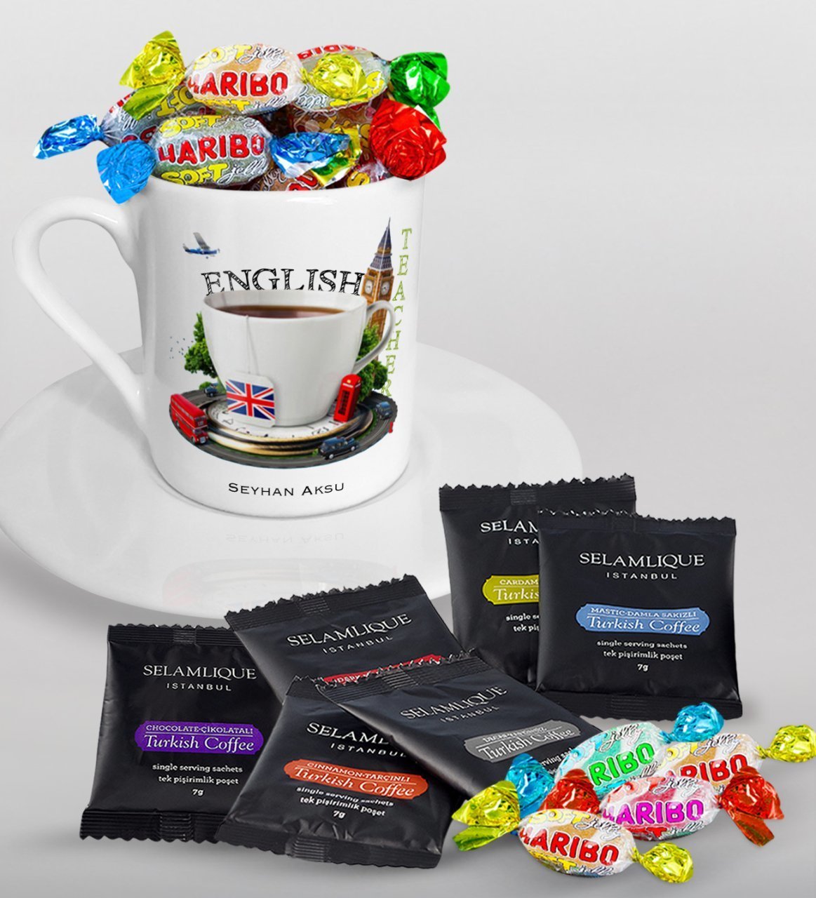 Kişiye Özel İngilizce Öğretmeni Türk Kahvesi Fincanı Selamlique Karışık Türk Kahvesi ve Haribo Şeker Hediye Seti-8