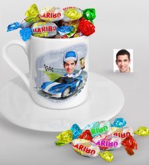 Kişiye Özel Bay Rallici Karikatürlü Türk Kahvesi Fincanı ve Haribo Şeker Hediye Seti-1