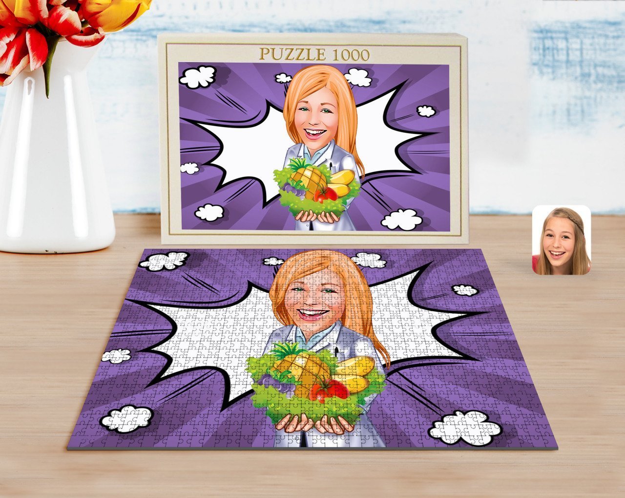 Kişiye Özel Kadın Diyetisyen Karikatürlü 1000 Parça Profesyonel Puzzle-1