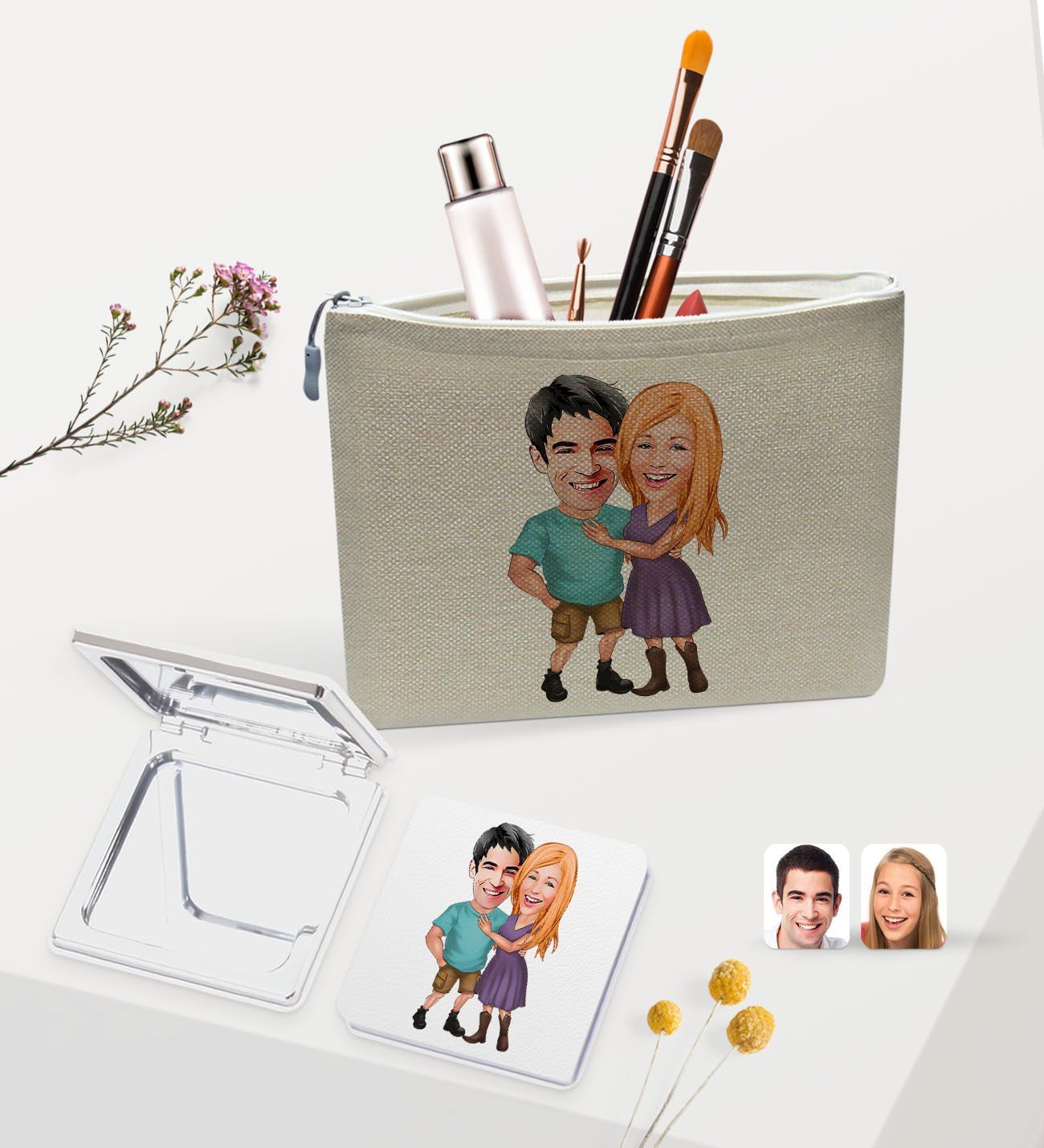 BK Gift Kişiye Özel Sevgililer Karikatürlü Keten Makyaj Çantası ve Ayna Seti, Sevgiliye Hediye, Sevgililer Günü Hediyesi, Doğum Günü Hediyesi-6