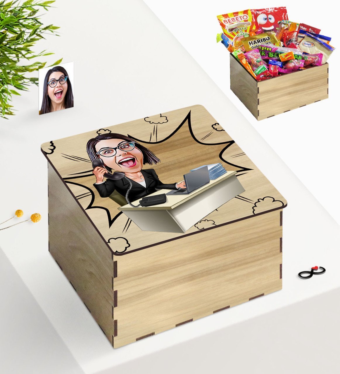 Kişiye Özel Ahşap Kutuda Bayan Asistan Karikatürlü Nostaljik Lezzetler Hediye Seti