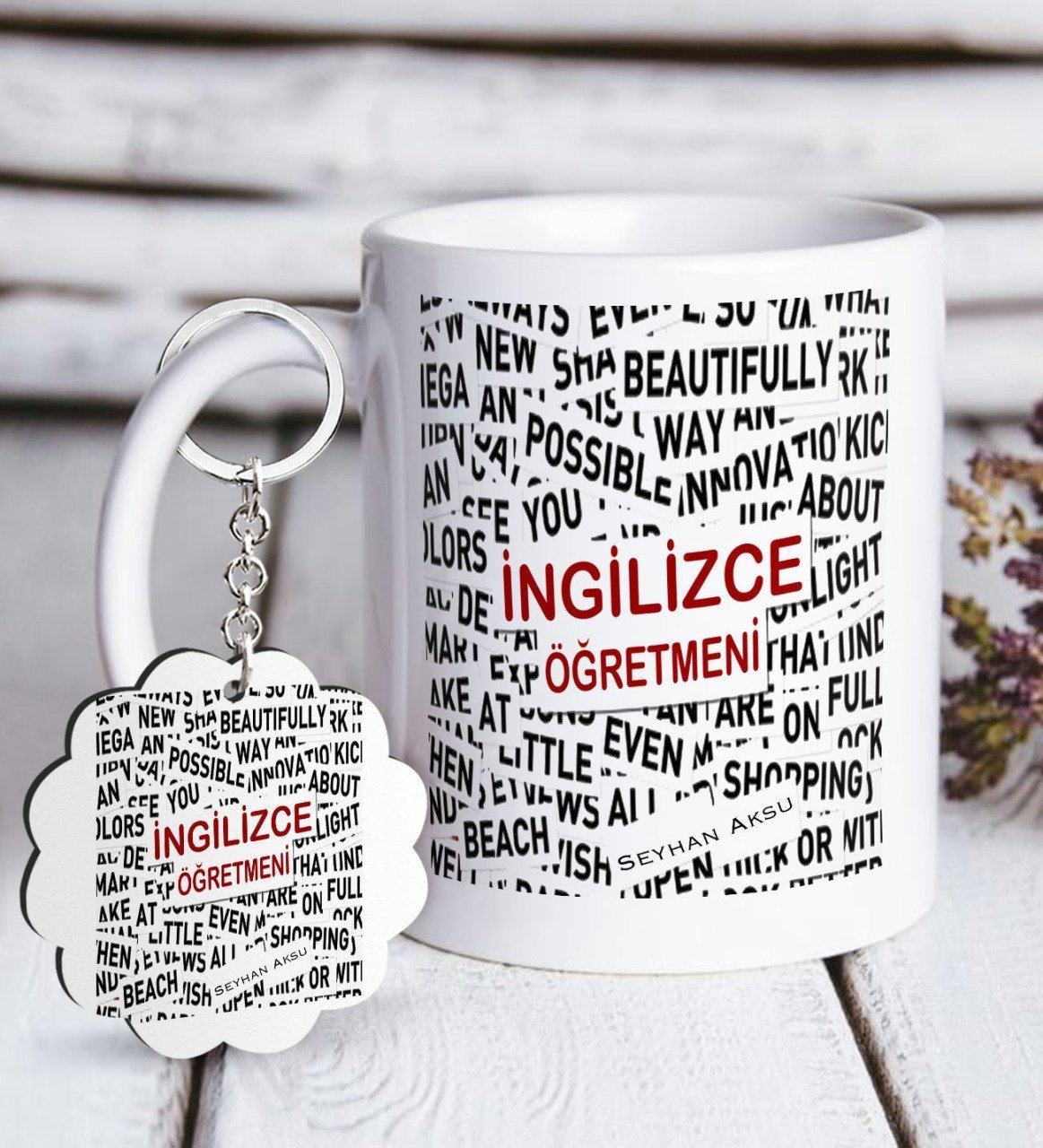Kişiye Özel İngilizce Öğretmeni Beyaz Kupa ve Anahtarlık Hediye Seti-3
