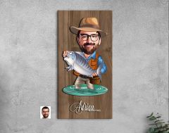BK Gift Kişiye Özel Balıkçı Karikatürlü Kabartma Figürlü Ahşap Tablo-9, Arkadaşa Hediye, Sevgiliye Hediye, Duvar Dekoru