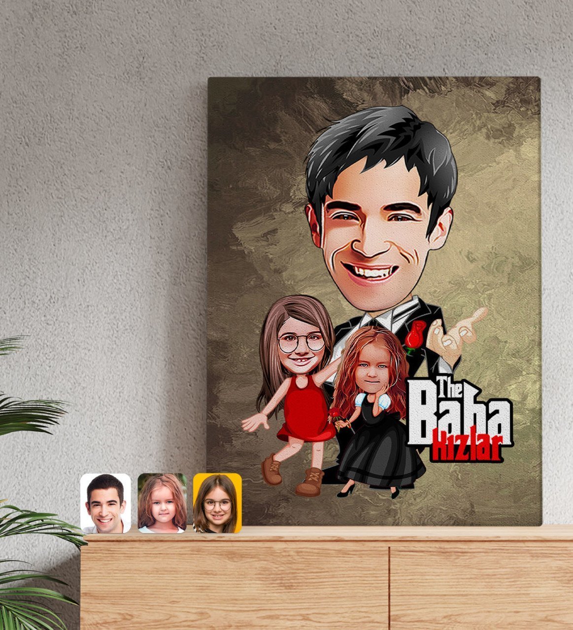 Kişiye Özel Godfather Baba ve Kızlar Karikatürlü Kanvas Tablo 50x70cm-1