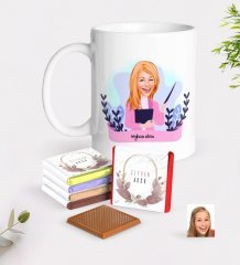 Kişiye Özel Bayan Sınıf Öğretmeni Karikatürlü Beyaz Kupa ve Çikolata Hediye Seti-2