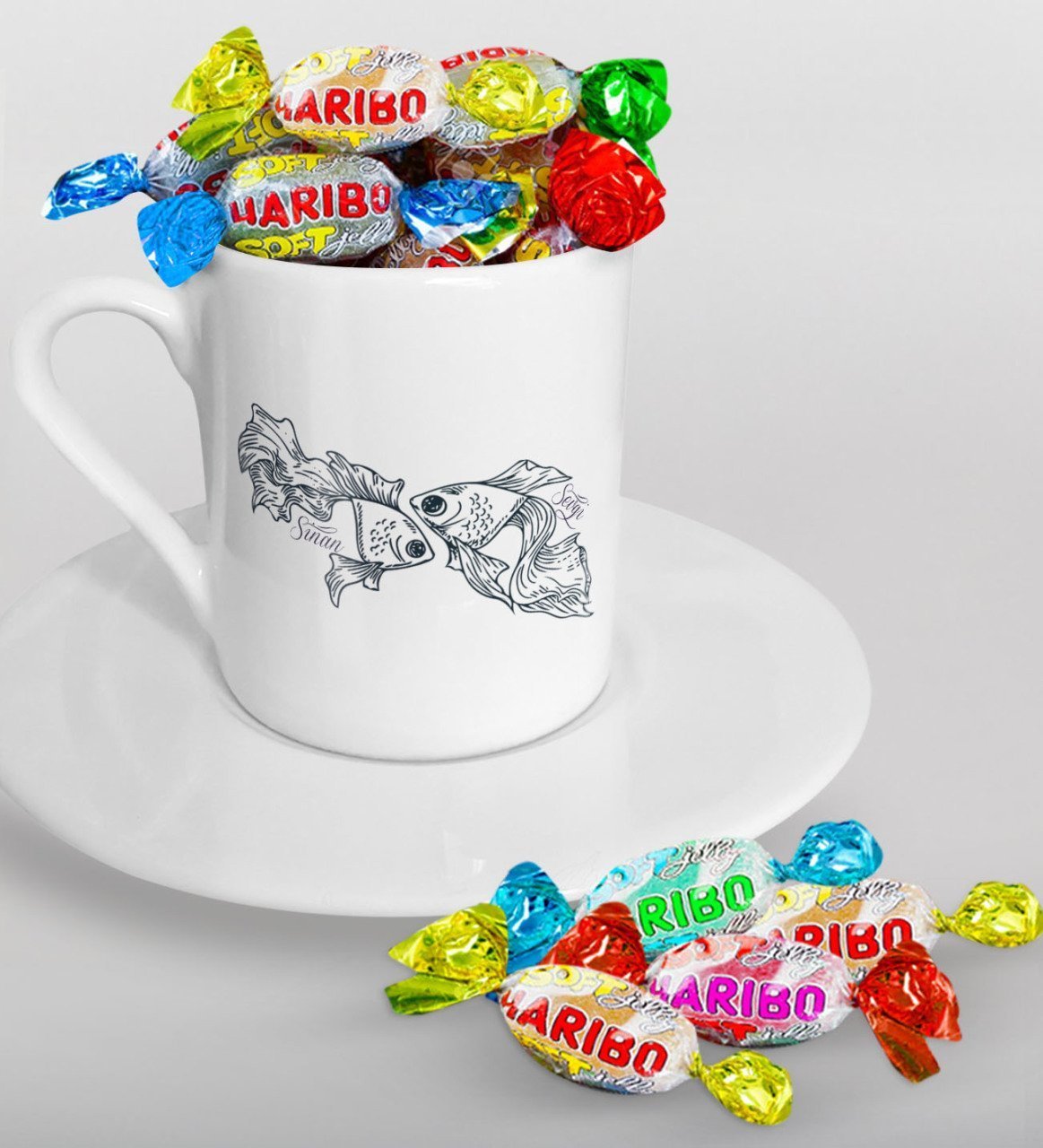 Kişiye Özel Sevgililer Günü Türk Kahvesi Fincanı ve Haribo Şeker Hediye Seti-120