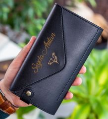 BK Gift Kişiye Özel İsimli Telefon ve Bozuk Para Bölmeli Zarf Model Siyah Kadın Cüzdanı, Sevgiliye Hediye, Anneye Hediye