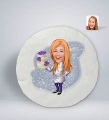 Kişiye Özel Kadın Chef Karikatürlü Yuvarlak Araç Koltuk Yastığı-2