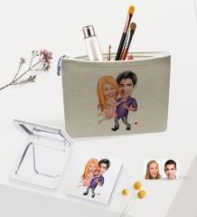 BK Gift Kişiye Özel Sevgililer Karikatürlü Keten Makyaj Çantası ve Ayna Seti, Sevgiliye Hediye, Sevgililer Günü Hediyesi, Doğum Günü Hediyesi-5