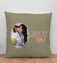 BK Gift Kişiye Özel Fotoğraflı Anneler Günü Tasarımlı Haki Kırlent Yastık, Anneye Hediye, Ev Dekorasyonu, Anneler Günü Hediyesi-1