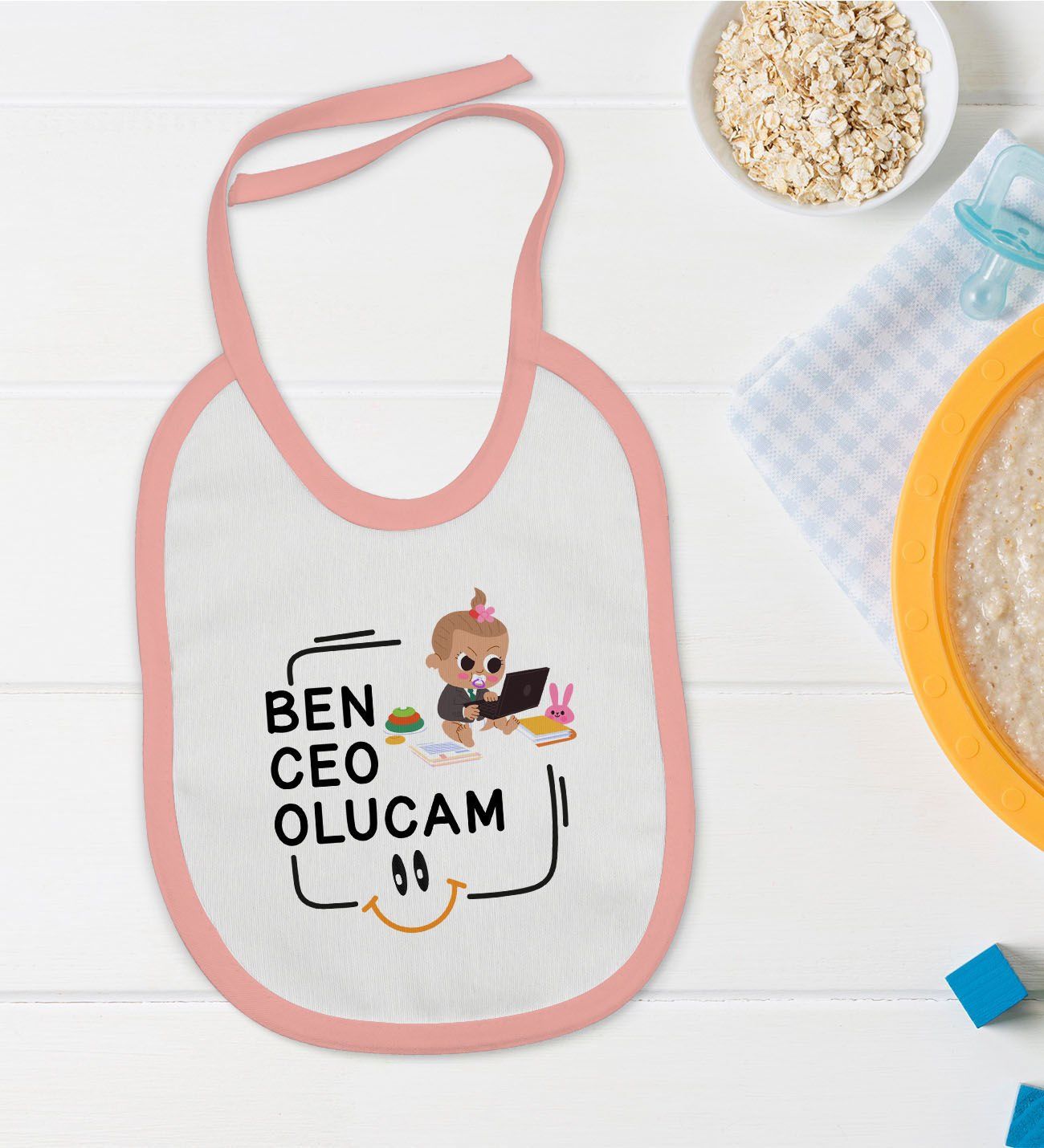 BK Kids Ceo Olucam Tasarımlı Pembe Bebek Mama Önlüğü-2